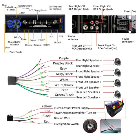 Bluetooth Car Stereo Single DIN With Hands Free Calling Push To Talk Button FM MP3 SD AUX Dual USB Ports iOS And Android App Control 7 LED Color Lighting Equalizer No CD Player Easy Plug In Car Audio Receiver with wiring diagram and connectivity details.