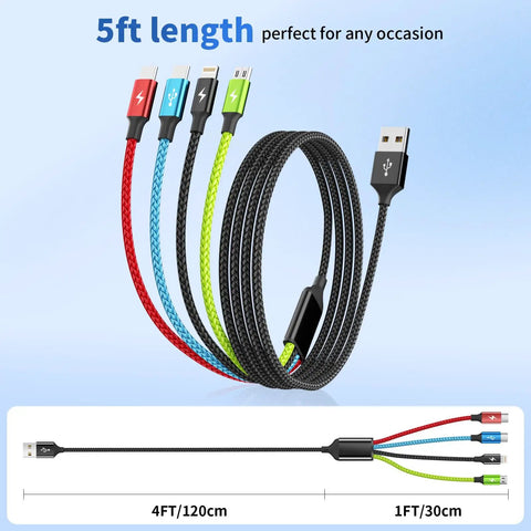 4 in 1 Multi Charging Cable for Car and Travel On The Go 2 Pack 5Ft Nylon Braided USB C USB A Micro Cables with colorful connectors