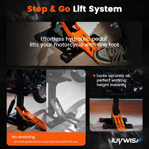 Adjustable Dirt Bike Stand And Motorcycle Lift Jack 1000 lb capacity hydraulic lift with pedal in use lifting a motorcycle