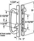 Technical drawing of Drop In Sliding Patio Door Handle Set With Mortise Lock White Zinc Diecast Offset Thumbturn Non-Handed.