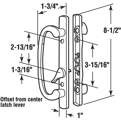Technical drawing of Drop In Sliding Patio Door Handle Set With Mortise Lock White Zinc Diecast Offset Thumbturn Non-Handed.