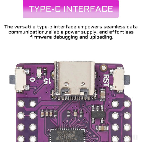 Close-up of Dope ESP32 S2 Mini WiFi Development Module with Type C USB interface showing purple circuit board.