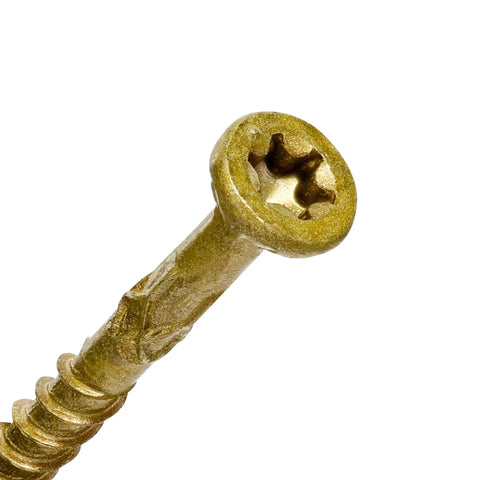 Close-up image of a Rock Solid Exterior Wood Screw For Outdoor Decking Projects Grade Ten X Three Inch with epoxy coated bronze finish.
