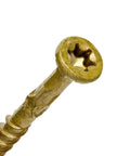 Close-up of Premium Exterior Wood Screws For Outdoor Decks Size 9 By Two And A Quarter Inch, showing bronze epoxy coating