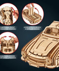 Winged Sports Coupe 1:24 Wooden Model Kit for Adults, DIY 3D Puzzle Car With Gull Wing Design, Pull Back Ratchet Key Action, Realistic Details, Gearhead Approved Auto Hobby Favorite; wooden coupe with lifting hood and gull-wing doors