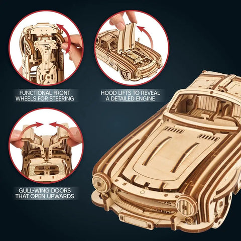 Winged Sports Coupe 1:24 Wooden Model Kit for Adults, DIY 3D Puzzle Car With Gull Wing Design, Pull Back Ratchet Key Action, Realistic Details, Gearhead Approved Auto Hobby Favorite; wooden coupe with lifting hood and gull-wing doors