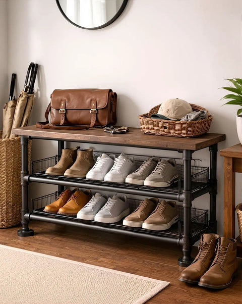 Shoe rack made with 3/4 Inch Black Malleable Iron Pipe Nipples 24 Inch Long Dual Threaded Fittings in industrial style entryway.