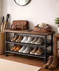 Wooden shoe rack with 3/4 inch malleable iron pipe frame, showcasing shoes and accessories in steampunk industrial vintage style.