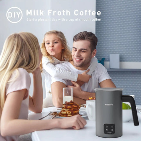 Family at breakfast table with 4 In 1 Milk Frother And Warmer With Stainless Steel Build And Touch Screen for coffee preparation.