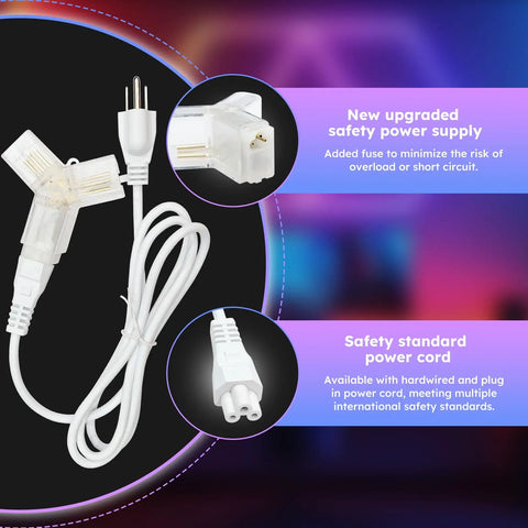 Close-up of safety power supply and power cord, upgraded for Hexagonal RGB LED Panel Lights With Remote Control For Parties Game Rooms Gyms And Bars Adjustable Brightness And Fast Color Shifts With Lit Theme Effects.