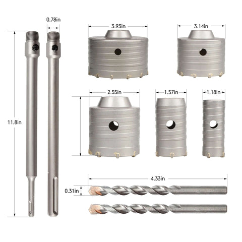 Amazon 9-piece masonry concrete hole saw kit with 30–100 mm saws and 300 mm tungsten carbide SDS Plus/Max drill bits