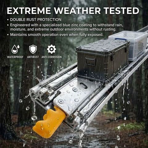 3 Fold Full Extension Drawer Slides With Lock 76mm Wide Side Mount Ball Bearing Rails Heavy Duty 500 Lb Load Capacity showing durability in rain