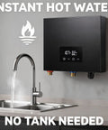 Endless Hot Water On Tap With This Real Deal 14KW Electric Tankless Water Heater mounted above a kitchen sink with faucet.