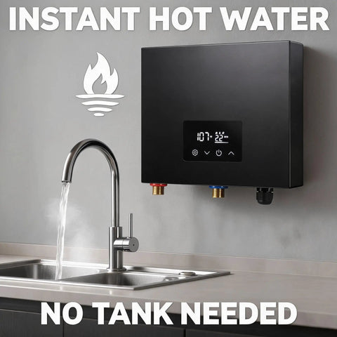 Endless Hot Water On Tap With This Real Deal 14KW Electric Tankless Water Heater mounted above a kitchen sink with faucet.