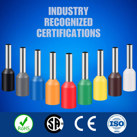 All In One Wire Ferrules Kit With Copper End Terminals featured in multiple colors, industry certifications visible