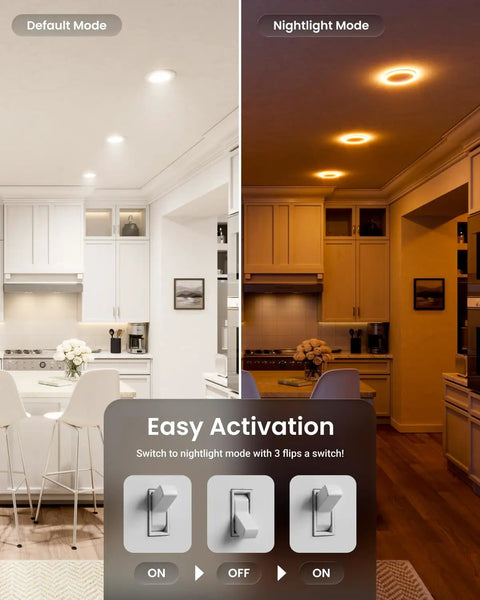Sunco 24 Pack 6 Inch LED Recessed Lighting Retrofit with Night Light, 2700K/3000K/4000K/5000K/6000K Selectable, Dimmable Can Lights showing default and nightlight modes.