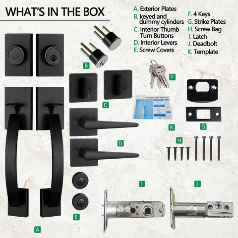 Black Exterior Handleset With Keyed Entry And Dummy Handle Set For Front, Back And Side Doors, parts layout