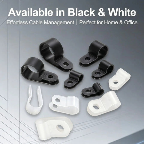 Top Rated 1 Inch R-Type Nylon Cable Clamps Heavy Duty Wire Management Clips With Screws For Home Office showing black and white options.