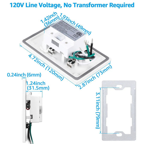 5CCT 120V LED Step Lights, Dimmable 5 Percent To 100 Percent, 3.5W 150LM, diagram showing dimensions and wiring components.