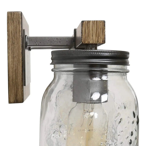 Side view of a Rustic Farmhouse Vanity Light Fixture with Mason Jar Glass Shades, featuring white wood finish and metal accent.