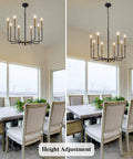 8 Light Farmhouse Chandelier With Dope Black And Gold Finish Modern Candle Pendant Lighting over dining table, height adjustment shown