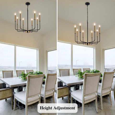 8 Light Farmhouse Chandelier With Dope Black And Gold Finish Modern Candle Pendant Lighting over dining table, height adjustment shown
