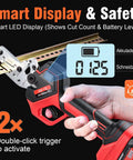 Heavy Duty Electric Din Rail Cutter With Slick Dual Groove Design For Knockout Straight Cuts On 35mm Aluminum And Steel Guide Rails No Sweat Portable Power Tool For Electrical Techs And Rough Site Work Daily showing smart LED display and double-click trigger.