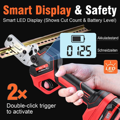 Heavy Duty Electric Din Rail Cutter With Slick Dual Groove Design For Knockout Straight Cuts On 35mm Aluminum And Steel Guide Rails No Sweat Portable Power Tool For Electrical Techs And Rough Site Work Daily showing smart LED display and double-click trigger.