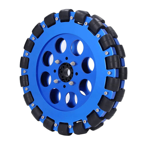 Front view of Adfaga Omni Wheel blue 8-inch omnidirectional wheel with aluminum hub and silicone rollers