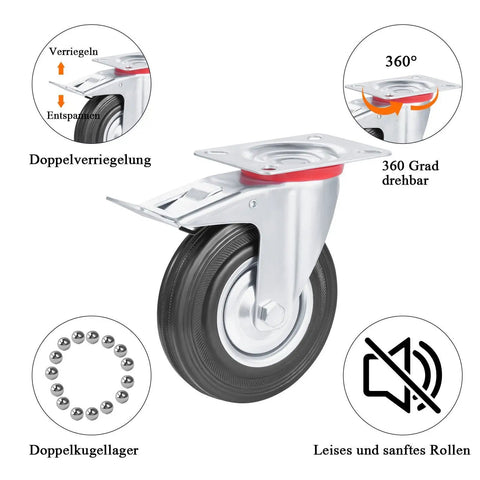 Heavy Duty Swivel Caster Wheels With Secure Locking And Foot Brake, smooth rolling slider showing 360 degree swivel lock.