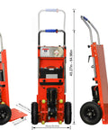 New Orange Electric Stair Climbing Hand Truck Dolly Cart Lifting Heavy Loads Up To 880lbs with dimensions and motor details.