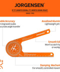 Jorgensen 7-inch aluminum miter saw protractor with laser-etched scales; orange anodized finish (front view)