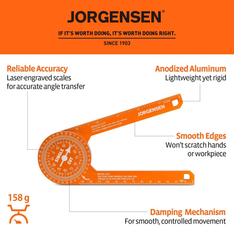 Jorgensen 7-inch aluminum miter saw protractor with laser-etched scales; orange anodized finish (front view)