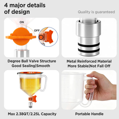 Universal Spill Proof Engine Oil Funnel Kit With Flow Control Valve features valve, metal material, 2.38QT capacity, portable handle.