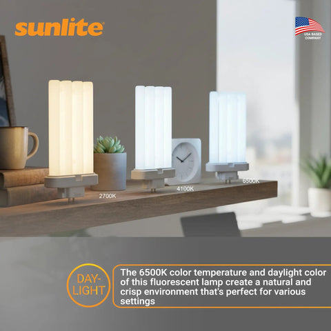 Triple display of Quad Tube Plug In CFL Lamp 27W 1500 Lumens 6500K Crisp Daylight GX10q4 4 Pin Base with color differences