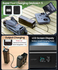 100W Drone Power Station and 65W Neo Charging Hub for DJI Drones and Gear, showing charging setup and LCD screen