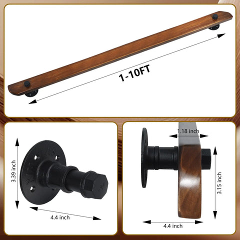 Built Tough Wall Mount Wood Handrail With Industrial Pipe Brackets For Indoor Staircases Hallways And Landings Smooth Non Slip Surface No Sweat Setup Dark Wood Nine Foot profile with dark wood and black pipe brackets.