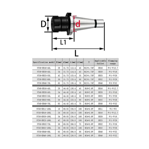 Heavy Grade Stainless Steel Cnc Collet Compatible Nt30 Nt40 Nt50 Er11 Er16 Er20 Er25 Er32 Er40 Sizes milling spindle tool holder with specifications chart.