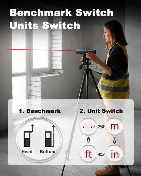 165Ft Laser Measuring Tool Distance Meter With 1 8th Inch Accuracy IP54 Dustproof Water Resistant Feet Inches And Meters For Area And Volume DIY Indoor Do It All Laser Measure Long Battery Life Runs On 2 AAA Batteries Gray benchmarking and unit switch display