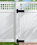 Straight Up 8 Inch Heavy Duty Gate Hinges 4 Pack Black Steel Door Hinges installed on a white fence for easy outdoor access.