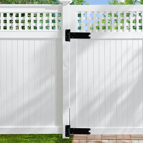 Straight Up 8 Inch Heavy Duty Gate Hinges 4 Pack Black Steel Door Hinges installed on a white fence for easy outdoor access.