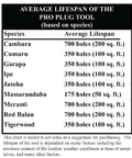 Average lifespan chart of Pro Plug Tool for different wood species including Cambara, Cumaru, Garapa, Ipe, and more.