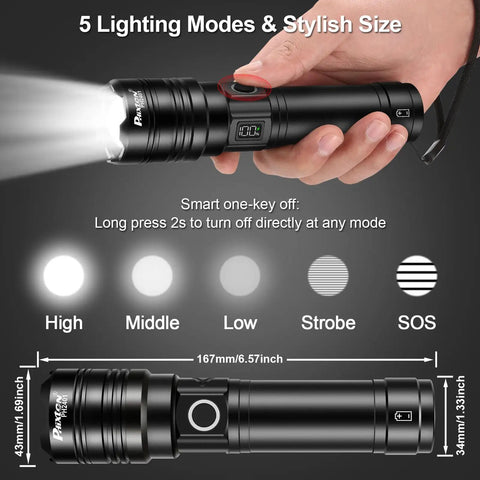 Ultra Bright 100000 Lumen Rechargeable Flashlight With Ultra Long Range Beam Up To 3280 Feet USB C Charging Lasts 15 Hours Multifunction Outdoor Camping LED Torch For Any Adventure in hand, showing 5 lighting modes.