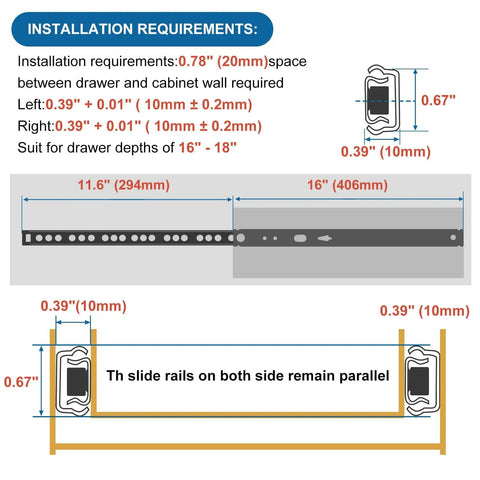 Diagram showing installation requirements for Heavy Duty Ball Bearing Drawer Slides 16 Inch Four Pack Two Way Metal Drawer Tracks
