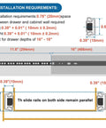 Installation diagram of Hardcore Ball Bearing Drawer Slides Sixteen Inches Heavy Duty Zinc Plated Steel Track Rails with dimensions.