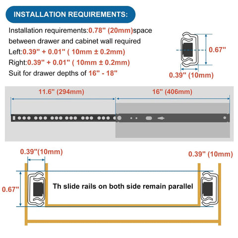 Installation diagram of Hardcore Ball Bearing Drawer Slides Sixteen Inches Heavy Duty Zinc Plated Steel Track Rails with dimensions.