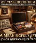 All American Double Sided 3-Ply 3x5 Ft Patriotic Flag With Betsy Ross 13 Star Vintage Design in display box on wooden desk.