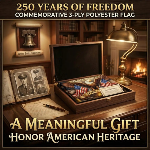 All American Double Sided 3-Ply 3x5 Ft Patriotic Flag With Betsy Ross 13 Star Vintage Design in display box on wooden desk.