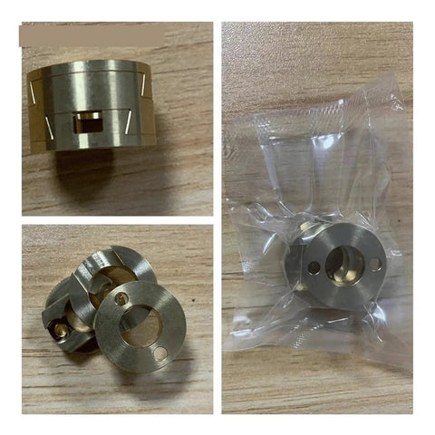 Upgrade Your 3D Printing Game With This Smooth Oldham Coupling For T8 Z Axis Lead Screws Perfectly Fit For EndERS 3 Flexible Hot Beds With Easy 16mm Thread Holes And Reliable Brass Build Quality For Flawless Moves. brass Oldham coupling with 16mm thread holes for T8 Z axis lead screw, shown packaged and loose