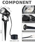 All In One Outdoor Landscape Lighting Kit component with 3W aluminum uplight, optical lens, ground stake, and wiring details